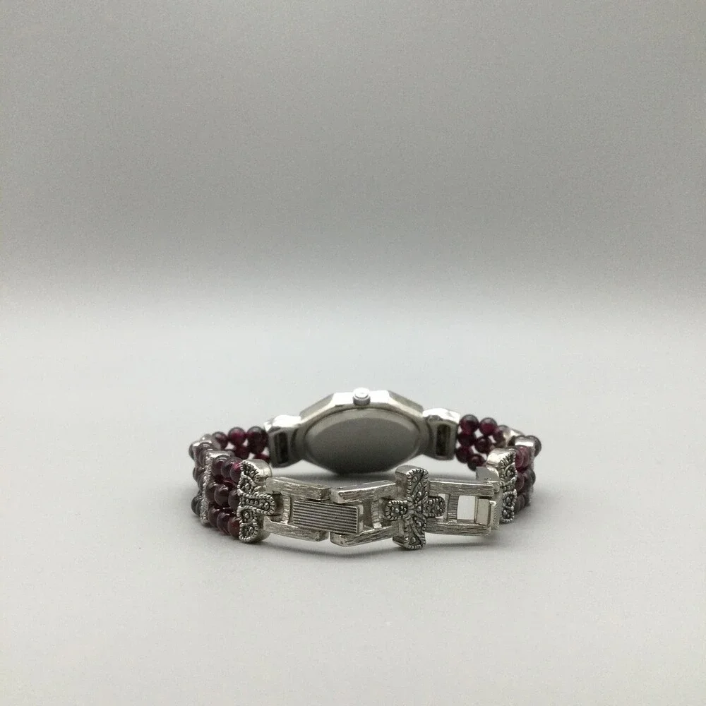 Avon Garnet Womens Watch 23mm White MOP Dial Red Beaded Bracelet New Battery 8